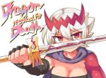  1girl breasts cleavage cougar_(cougar1404) dragon:_marked_for_death empress_(dmfd) final_fantasy final_fantasy_ii gloves hair_ornament holding looking_at_viewer parody red_eyes short_hair simple_background solo strapless sword weapon white_background white_hair 