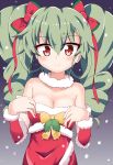  1girl absurdres anchovy_(girls_und_panzer) bangs bare_shoulders bell bow breasts christmas cleavage closed_mouth detached_sleeves dress drill_hair eyebrows_visible_through_hair fur-trimmed_sleeves fur_collar fur_trim girls_und_panzer green_hair hair_bow hair_ribbon highres long_hair looking_at_viewer medium_breasts off-shoulder_dress off_shoulder pizakame red_bow red_dress red_eyes red_ribbon red_sleeves ribbon santa_costume santa_dress smile snow solo twin_drills twintails upper_body yellow_bow 