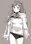  1girl bangs banned_artist blush bra bra_lift braid breasts clenched_hand closed_mouth cloud_hair_ornament eyebrows_visible_through_hair frown greyscale hair_ornament kantai_collection long_hair makio_(makiomeigenbot) medium_breasts minegumo_(kantai_collection) monochrome nipples open_clothes open_shirt panties shirt short_sleeves signature simple_background solo sweat tears twin_braids underwear 