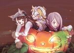  3girls animal_ears bandages blonde_hair brown_hair fangs flask halloween halloween_costume jack-o&#039;-lantern kagari_atsuko little_witch_academia long_hair lotte_jansson multiple_girls mummy_costume mushroom night purple_hair red_eyes short_hair sucy_manbavaran tonton_(mathcaca24) vampire werewolf 