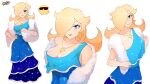  1girl adapted_costume bare_shoulders blonde_hair blue_dress blush breasts c_starlett cleavage dress earrings hair_over_one_eye hand_on_hip highres jewelry long_hair looking_at_viewer luma_(mario) mario_(series) medium_breasts multiple_views necklace parted_lips rosalina signature smile sparkle sunglasses super_mario_galaxy 