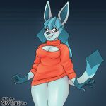  1:1 anthro big_breasts blue_body blue_fur blue_hair blush breasts canid canine clothed clothing coloured_sclera eeveelution female fox fur fur_markings glaceon hair hi_res long_hair mammal markings nintendo no_pants partially_clothed peephole pinup pok&eacute;mon pok&eacute;mon_(species) pok&eacute;morph pose princeluxio saphira_(princeluxio) simple_background smile solo standing sweater thick_thighs topwear video_games wide_hips 