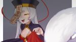  1girl breasts commission fangs glowing glowing_eyes grey_background hand_up hat highres jiangshi_costume long_hair looking_at_viewer nia_(nia4294) ofuda one_eye_covered open_mouth original qing_guanmao small_breasts smile solo upper_body white_hair yellow_eyes 