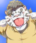  2021 anthro bawp belly clothing eyewear felid fur glasses hi_res humanoid_hands kemono licho_(tas) male mammal overweight overweight_anthro overweight_male pantherine shirt simple_background solo tiger tokyo_afterschool_summoners tongue tongue_out topwear video_games white_body white_fur 