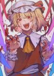  1girl :d ascot bangs blonde_hair blood blood_on_face blush bow breasts claw_pose commentary damenaito eyebrows_behind_hair fangs fingernails flandre_scarlet hat hat_bow head_tilt highres looking_at_viewer mob_cap one_side_up open_mouth puffy_short_sleeves puffy_sleeves red_bow red_eyes red_skirt red_vest sharp_fingernails shirt short_hair short_sleeves simple_background skirt skirt_set slit_pupils small_breasts smile solo touhou upper_body vest white_background white_headwear white_shirt wings wrist_cuffs yellow_neckwear 
