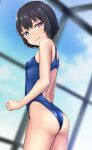  1girl :3 ass black_hair blue_swimsuit blurry breasts commentary_request competition_swimsuit depth_of_field hashi highleg highleg_swimsuit looking_at_viewer one-piece_swimsuit original purple_eyes rei_no_pool rooftop short_hair small_breasts solo swimsuit 