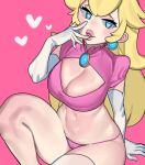  1girl absurdres blonde_hair blue_eyes breasts cleavage cleavage_cutout clothing_cutout earrings elbow_gloves gloves hand_up heart heart-shaped_pupils highres jewelry knee_up large_breasts long_hair mario_(series) navel nia_(nia4294) panties pink_background pink_panties princess_peach simple_background solo symbol-shaped_pupils underwear white_gloves 