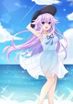  1girl absurdres adult_neptune arm_behind_head arm_up armpits bangs bare_arms blush breasts choujigen_game_neptune cloud cloudy_sky collarbone day dress english_commentary eyebrows_visible_through_hair floating_hair hair_between_eyes hair_flaps hat highres lewdkuma light_particles long_hair looking_at_viewer medium_breasts neptune_(series) ocean open_mouth purple_eyes purple_hair sidelocks signature sky solo sun_hat sundress white_dress 
