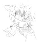  2021 anthro areola big_breasts bodily_fluids breasts chiropteran clothing eyeshadow fanning_self female gloves handwear hanging_breasts heat_(temperature) makeup mammal monochrome nipples rouge_the_bat solo sonic_the_hedgehog_(series) sweat terrible_the_drawfag 