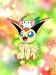  :d blue_eyes closed_mouth commentary english_commentary fangs full_body gen_4_pokemon gen_5_pokemon green_eyes highres looking_at_another looking_up multicolored multicolored_background mythical_pokemon no_humans on_head open_mouth pokemon pokemon_(creature) pokemon_on_head shaymin shaymin_(land) signature smile victini 