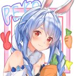  1girl absurdres animal_ear_fluff animal_ears bangs bare_shoulders blue_hair blush braid breasts bunny_ears carrot_hair_ornament character_name cleavage eyebrows_visible_through_hair food_themed_hair_ornament hair_ornament highres hololive long_hair looking_at_viewer multicolored_hair nono_i831 red_eyes simple_background small_breasts smile solo thick_eyebrows twin_braids two-tone_hair usada_pekora virtual_youtuber white_background white_hair 