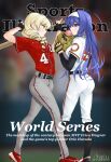  2girls arms_up baseball baseball_bat baseball_mitt belt black_gloves blonde_hair blue_eyes blue_hair bubble_blowing chaesu chewing_gum cover drill_hair english_text erika_wagner fake_magazine_cover fingerless_gloves full_body gloves grey_pants hairband highres long_hair long_sleeves magazine_cover multiple_boys multiple_girls orie_(under_night_in-birth) pants red_eyes red_footwear red_shirt shirt shoes short_over_long_sleeves short_sleeves signature sport sports_illustrated sportswear twin_drills under_night_in-birth white_hairband white_pants white_shirt 