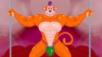  16:9 anthro big_bulge bulge clothing glistening glistening_body glistening_skin haplorhine hat headgear headwear hehdgd hi_res jockstrap kneeling love_bed male mammal monkey monkeybone monkeybone_(character) multicolored_body muscular muscular_anthro muscular_male pole primate purple_clothing purple_hat purple_headwear smiling_at_viewer solo stripper_pole toony two_tone_body underwear widescreen 