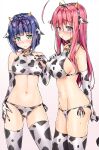  2girls ahoge animal_costume animal_ears animal_print arm_behind_back bangs bare_shoulders bell bell_collar bikini blue_hair blush breasts closed_mouth collar collarbone commentary_request covered_nipples cow_ears cow_girl cow_horns cow_print cow_tail cowbell cowboy_shot elbow_gloves eyebrows_visible_through_hair fake_animal_ears fake_horns from_side frown gloves green_eyes groin hair_between_eyes hair_ribbon hairband hand_on_hip hand_on_own_chest highres horns izumi_hina_(neet_de_otaku_na_kunoichi_to_naze_ka_dousei_hajimemashita) kotatsu_(kotatsu358) large_breasts long_hair looking_at_viewer multiple_girls navel neet_de_otaku_na_kunoichi_to_naze_ka_dousei_hajimemashita pink_hair print_bikini print_gloves purple_eyes purple_ribbon ribbon shizuri_(neet_de_otaku_na_kunoichi_to_naze_ka_dousei_hajimemashita) short_hair side-tie_bikini side-tie_bottom simple_background standing stomach straight_hair sweat sweatdrop swimsuit tail thighhighs white_background 