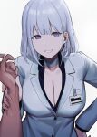  1boy 1girl breasts choker cleavage defy_(girls_frontline) eyebrows_visible_through_hair girls_frontline grey_blazer grey_suit hand_grab hand_on_hip hayabusa highres id_card lips medium_breasts medium_hair purple_eyes rpk-16_(girls_frontline) simple_background smile white_background 