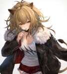  1girl animal_ears arknights black_choker black_jacket black_nails blonde_hair breasts candy choker cleavage commentary_request cowboy_shot eating food fur-trimmed_jacket fur-trimmed_shorts fur_trim highres holding holding_food io_(io_oekaki) jacket lion_ears lion_girl lion_tail lollipop long_hair long_sleeves looking_at_viewer medium_breasts nail_polish open_clothes open_jacket parted_lips ponytail red_shorts shirt short_shorts shorts siege_(arknights) simple_background solo tail white_background white_shirt yellow_eyes 