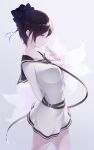  1girl bangs black_hair bottomless breasts dress finger_to_mouth hand_up highres large_breasts looking_ahead looking_down original parted_lips profile purple_eyes r_(curvy) ribbon short_hair simple_background white_background 