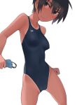  1girl black_eyes black_hair black_swimsuit breasts commentary_request competition_swimsuit cowboy_shot goggles highleg highleg_swimsuit holding holding_goggles kuronami_(lvi) logo looking_at_viewer lvi one-piece_swimsuit one-piece_tan original short_hair simple_background small_breasts solo speedo_(company) swim_cap_removed swimsuit tan tanline tomboy white_background 