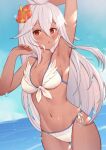  1girl :o arm_up armpits bangs bare_arms bare_shoulders bikini blue_sky blush breasts cleavage collarbone commentary_request dark_skin dark_skinned_female day eyebrows_visible_through_hair flower granblue_fantasy groin hair_between_eyes hair_flower hair_ornament hand_up highres horizon long_hair medium_breasts navel ocean open_mouth outdoors parted_lips red_eyes red_flower revision sky solo swimsuit thigh_gap uneg very_long_hair water water_drop wet white_bikini white_hair zooey_(granblue_fantasy) 