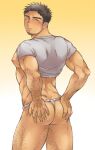  1boy arm_hair ass ass_grab bara bare_pecs black_hair blush body_hair cowboy_shot facial_hair fundoshi hairy japanese_clothes leg_hair looking_at_viewer madara6k male_focus muscular muscular_male nipples original pectorals shirt_lift short_hair sideburns solo stubble thick_thighs thighs white_male_underwear 