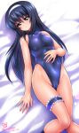  1girl :o bangs bare_shoulders bed_sheet black_hair blue_leotard blush breasts brown_eyes cameltoe dated eyebrows_visible_through_hair frills girls_und_panzer groin hair_between_eyes hairband highleg highleg_leotard kamogawa_tanuki leg_garter leotard long_hair looking_at_viewer lying on_back reizei_mako shiny shiny_clothes shiny_hair signature skin_tight small_breasts solo twitter_username 