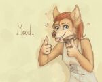  2020 5:4 anthro canid canine canis cheek_tuft clothed clothing collar facial_tuft female fur gesture hair hi_res mammal pink_tongue shirt simple_background solo spiked_collar spikes tan_body tan_fur tank_top thumbs_up tongue tongue_out topwear tuft wolf yshanii 