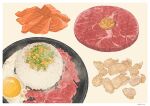  corn egg fajar_kurniawan fish food food_focus meat no_humans original pepper plate raw_meat rice sashimi simple_background spring_onion steam still_life sunny_side_up_egg vegetable white_background 