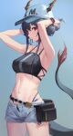  1girl absurdres arknights baseball_cap bikini blue_hair ch&#039;en_(arknights) dragon_horns dragon_tail female_tourist_c_(arknights) hair_tie_in_mouth hat highres horns mouth_hold navel red_eyes short_shorts shorts ssangbong-llama swimsuit tail tying_hair watch wristwatch 