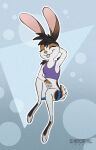  2021 anthro black_body black_fur blep blue_background bottomwear brown_body brown_fur clothed clothing crop_top eyes_closed female fur head_tuft hi_res lagomorph leporid mammal midriff multicolored_body multicolored_fur rabbit serareldeer shirt shorts shoulder_tuft simple_background smores_(ribbontini) solo tongue tongue_out topwear tuft white_body white_fur 