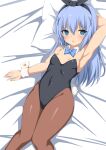  1girl animal_ears arm_behind_head armpits bed black_leotard blue_eyes blue_neckwear bow bowtie breasts brown_legwear bunny_ears chestnut_mouth commentary_request detached_collar fake_animal_ears feet_out_of_frame gochuumon_wa_usagi_desu_ka? hair_ornament kafuu_chino leotard light_blue_hair long_hair looking_at_viewer lying pantyhose pillow playboy_bunny revision small_breasts solo strapless strapless_leotard toshishikisai wrist_cuffs x_hair_ornament 