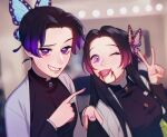  2girls :p black_jacket blood blood_from_mouth butterfly_hair_ornament commentary english_commentary fingernails gradient_hair hair_ornament hand_up haori highres jacket japanese_clothes kimetsu_no_yaiba kochou_kanae kochou_shinobu lavelis long_hair long_sleeves multicolored_hair multiple_girls nail_polish one_eye_closed pink_nails pointing_at_another purple_eyes purple_hair self_shot selfie_stick short_hair smile tongue tongue_out v 