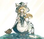  1girl absurdres apron black_bow black_dress blonde_hair bow braid broom dress feet_out_of_frame frilled_apron frills hair_bow hat hat_bow highres in_water kirisame_marisa lamp lantern lily_pad long_hair looking_to_the_side neruzou puffy_short_sleeves puffy_sleeves short_sleeves side_braid single_braid solo teeth touhou waist_apron water white_apron white_background white_bow witch_hat wrist_cuffs yellow_eyes 