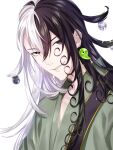  1boy absurdres ashiya_douman_(fate) asymmetrical_hair bell black_eyes black_hair blurry curly_hair earrings eyebrows_visible_through_hair eyes_visible_through_hair fate/grand_order fate_(series) green_eyeshadow green_lipstick hair_bell hair_between_eyes hair_ornament highres japanese_clothes jewelry kimono light_particles lipstick long_hair magatama magatama_earrings makeup male_focus multicolored_hair nn_mr parted_lips sideways_glance simple_background smile solo two-tone_hair very_long_hair white_background white_hair 