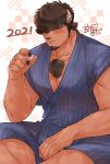  1boy 2021 animal_ears bara bare_pecs black_nails blue_kimono body_fur brown_hair chest_hair chinese_zodiac cow_boy cow_ears cow_horns crossed_legs earrings facial_hair goatee hair_over_eyes happy_new_year horns japanese_clothes jewelry kimono madara6k male_focus muscular muscular_male new_year original pectorals short_hair sideburns sleeves_rolled_up solo year_of_the_ox 