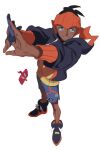  1boy black_hair black_hoodie dark_skin dark_skinned_male earrings full_body gen_4_pokemon gloves gym_leader hood hoodie jewelry male_focus orange_headwear pahyon parted_lips partially_fingerless_gloves pokemon pokemon_(game) pokemon_swsh raihan_(pokemon) rotom rotom_phone shoes shorts side_slit side_slit_shorts single_glove smile standing stretch 