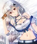  1girl :o arknights bangs bare_shoulders bed_sheet belt black-framed_eyewear black_choker blue_bow bow breasts choker cleavage collarbone eyebrows_visible_through_hair eyewear_removed from_above highres holding holding_eyewear long_hair looking_at_viewer lying medium_breasts navel nonderi off_shoulder on_back on_bed open_mouth orange-tinted_eyewear orca_hair_ornament polka_dot polka_dot_bow red_eyes short_sleeves silver_hair skadi_(arknights) solo stomach sunglasses 