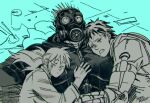  1girl 2boys agroshka blush dorohedoro drooling gas_mask hand_on_another&#039;s_chest jacket kaiman_(dorohedoro) looking_up multiple_boys multiple_monochrome muscular muscular_male nikaidou_(dorohedoro) open_mouth pectoral_pillow risu_(dorohedoro) sandwiched short_hair sleeping sleeping_on_person spikes 