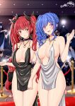  2girls 6+boys azur_lane bag bangs bare_arms bare_shoulders belt belt_buckle black_choker black_dress blue_hair breasts buckle camera choker cleavage cocktail_dress collarbone cowboy_shot dress earrings eyebrows_visible_through_hair glint hair_ornament hand_up handbag heart heart_necklace highres honolulu_(azur_lane) hoop_earrings jewelry large_breasts long_hair looking_at_viewer multiple_boys multiple_girls paparazzi ppshex purple_eyes red_eyes red_hair revealing_clothes side_ponytail side_slit silver_dress sleeveless sleeveless_dress st._louis_(azur_lane) st._louis_(luxurious_wheels)_(azur_lane) swept_bangs taking_picture thighs twintails very_long_hair waving 