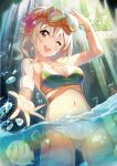  3girls bikini blonde_hair bracelet brown_eyes cave cowboy_shot dengeki_g&#039;s fish forest goggles gyaru halterneck jewelry love_live! love_live!_nijigasaki_high_school_idol_club mexico miyashita_ai multiple_girls nature necklace official_art outstretched_arm partially_submerged side-tie_bikini snorkel swimsuit 