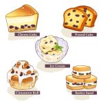  bowl cake cake_slice cheesecake cinnamon_roll double_scoop english_text food food_focus fruit highres ice_cream leaf no_humans okaka516 original pound_cake raisin_(fruit) sandwich simple_background still_life sweets white_background 