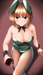  1girl absurdres animal_ears artist_name bare_shoulders blush brave_witches breasts brown_hair bunny_ears cleavage closed_mouth collarbone cup drinking_glass eyebrows_visible_through_hair fake_animal_ears glass green_eyes green_leotard grey_legwear gundula_rall highres hiroshi_(hunter-of-kct) large_breasts leotard looking_at_viewer looking_up pantyhose playboy_bunny shiny shiny_hair short_hair sitting smile solo wine_glass world_witches_series 