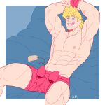  1boy :q abs absurdres bandages bara blonde_hair blue_eyes boku_no_hero_academia bow bowtie feet_out_of_frame feraltintinsimp highres looking_at_viewer male_focus muscular muscular_male navel nipples pectorals scar_on_arm short_hair smile solo spiked_hair spread_legs thick_thighs thighs togata_mirio tongue tongue_out underwear underwear_only 