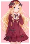  1girl abigail_williams_(fate/grand_order) alternate_costume bangs black_bow blonde_hair blue_eyes blush bow closed_mouth commentary_request dress eyebrows_visible_through_hair fate/grand_order fate_(series) forehead hair_bow hand_to_own_mouth highres juliet_sleeves long_hair long_sleeves looking_at_viewer nasii parted_bangs pink_background puffy_sleeves red_bow red_dress solo two-tone_background very_long_hair white_background 