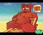  anthro beach beach_chair brown_bear chair dialogue doolyboobieboy furniture genitals hi_res lounge_chair male mammal nude penis relaxing sand sea seaside solo speach_bubble ursid ursine water 