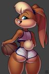 2021 2:3 anthro ball basketball_(ball) basketball_uniform blonde_hair blue_eyes bottomwear butt clothed clothing female grey_background hair hi_res holding_object lagomorph leporid lola_bunny looking_at_viewer looking_back looney_tunes mammal open_mouth rabbit rear_view simple_background skimpy solo space_jam sportswear standing tight_bottomwear tight_clothing uniform warner_brothers xylas 