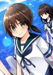  1girl bangs black_hair blue_sailor_collar blue_sky blunt_bangs brown_eyes cloud collared_shirt day dutch_angle fubuki_(kantai_collection) green_eyes hatsuyuki_(kantai_collection) highres hime_cut horizon kantai_collection katsuobushi_(eba_games) long_hair looking_at_viewer low_ponytail neckerchief ocean outdoors ponytail sailor_collar school_uniform serafuku shirt short_ponytail sidelocks sky solo 