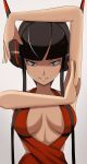  1girl black_hair blue_eyes breasts cleavage dress elesa_(pokemon) grin gym_leader headphones highres long_hair pokemon pokemon_(game) pokemon_bw2 red_dress simple_background smile solo twintails vivivoovoo 