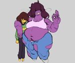  anthro armpit_hair big_breasts bodily_fluids body_hair bottomwear breasts brown_hair bulge carrying_partner cleavage clothed clothing crop_top deep_navel deltarune duo female freckles genital_outline gesture gnauseating gynomorph hair hair_over_eyes hi_res huge_thighs human intersex intersex/male kris_(deltarune) larger_anthro larger_gynomorph larger_intersex male mammal midriff musclegut navel non-mammal_breasts obese obese_anthro obese_gynomorph obese_intersex obscured_eyes ok_sign open_bottomwear open_clothing open_pants overbite overweight overweight_anthro overweight_female overweight_gynomorph overweight_intersex pants penis_outline pubes purple_body purple_scales scales scar shirt size_difference smaller_human smaller_male smile susie_(deltarune) sweat thick_thighs topwear underwear video_games wide_hips yellow_body yellow_skin 