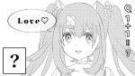  1girl ? collarbone commentary english_text greyscale hair_ornament hanamori_healthy indie_virtual_youtuber long_hair looking_at_viewer momo_kimuchi008 monochrome open_mouth pill_hair_ornament simple_background solo twintails virtual_youtuber white_background 