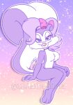  2021 accessory anthro chest_tuft digital_media_(artwork) eyelashes female fifi_la_fume hair hair_accessory hair_bow hair_ribbon half-closed_eyes looking_at_viewer mammal mephitid metalpandora narrowed_eyes pink_nose purple_hair ribbons skunk smile solo tiny_toon_adventures tuft warner_brothers watermark 